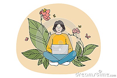 Smiling girl work on computer on flowery background Vector Illustration