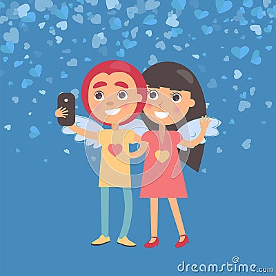 Girlfriend and Boyfriend Making Selfie Vector Vector Illustration