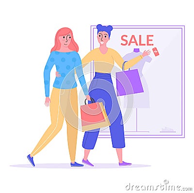 Smiling girlfriend together walking shopping mall, woman hold handbag with fashion clothing cartoon vector illustration Vector Illustration