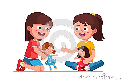 Happy smiling girls kids playing with dolls Vector Illustration