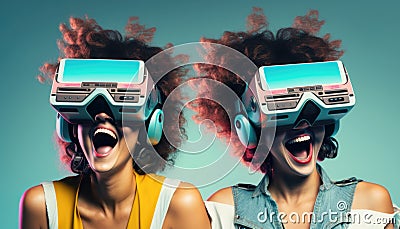 Smiling girls wearing vr headsets, playing virtual reality game. Metaverse futuristic digital technology. Generative AI Stock Photo