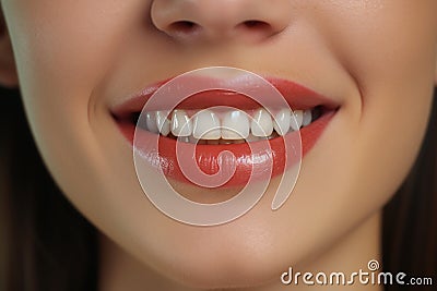 Smiling glossy lips, perfect teeth, dental care concept, female mouth close up. Stock Photo