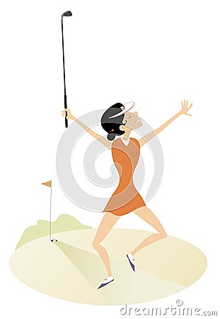 Happy golfer woman on the golf court Vector Illustration