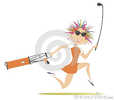 Smiling golfer woman runs to play golf illustration Vector Illustration