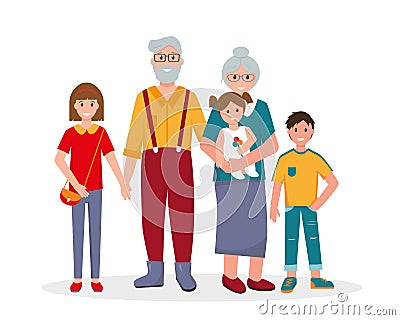 Smiling grandparents with grandchildren on white background. Vector Illustration