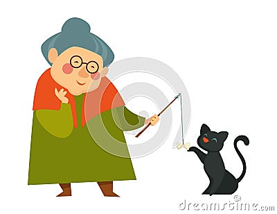 Smiling granny, old lady playing with her black cat Vector Illustration