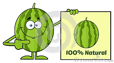 Smiling Green Watermelon Fresh Fruit Cartoon Mascot Character Pointing To A Blank Sign Vector Illustration