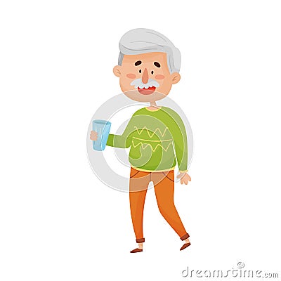 Smiling Grey-Haired Senior Man Standing and Holding a Glass of Water in His Hands Vector Illustration Vector Illustration