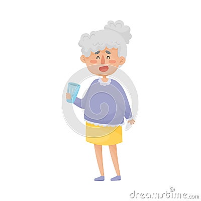 Smiling Grey-Haired Senior Woman Standing and Drinking Water From Glass Vector Illustration Vector Illustration