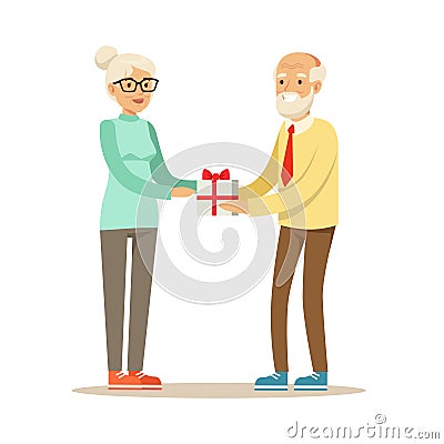 Smiling grey senior giving gift box to beautiful senior woman colorful characters vector Illustration Vector Illustration