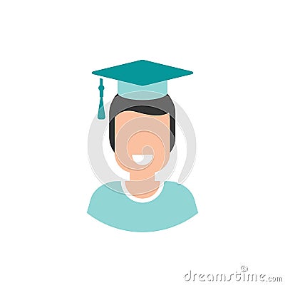 smiling guy avatar. cute happy man with black hair and mortar board cap on head. Vector Illustration