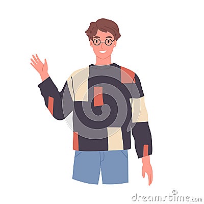 Smiling guy in glasses saying hello and waving with hand. Happy friendly man greeting and welcoming smb with hi gesture Vector Illustration