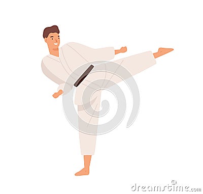 Smiling guy in kimono demonstrate hitting exercise raising leg practicing karate vector flat illustration. Male Vector Illustration