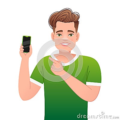 Smiling guy points to the phone in his hand. A happy confident white man advertises an app on a smartphone Vector Illustration