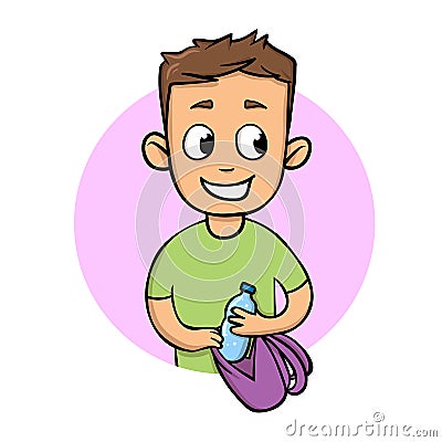 Smiling guy putting bottle of water in his bag. Staying hydrated flat design icon. Flat vector illustration. Isolated on Vector Illustration