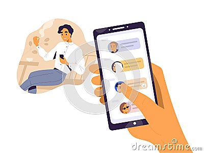 Smiling guy surfing internet use smartphone during smoking vector flat illustration. Human hand holding mobile with Vector Illustration