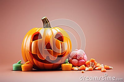 Smiling halloween pumpkin and candies in minimalist style. AI generated Cartoon Illustration