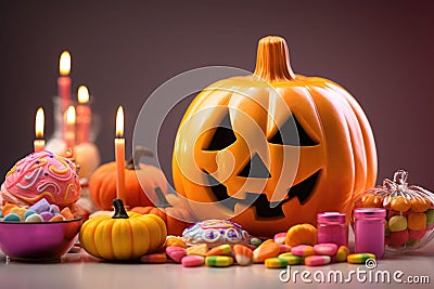 Smiling halloween pumpkin and candies in minimalist style. AI generated Cartoon Illustration