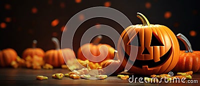 Smiling Halloween Pumpkin And Minimalist Candies Stock Photo