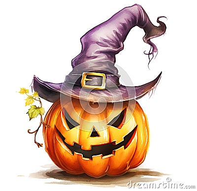 Smiling Halloween pumpkin with a witch's hat on top. Watercolour style illustration isolated on white Cartoon Illustration