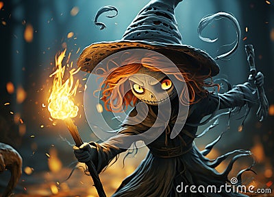 Smiling Halloween witch fire character illustration Stock Photo
