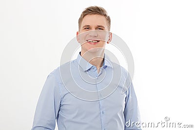 Smiling Handsome young businessman in blank shirt. Man looking at camera isolated on white background. Template, mock up Stock Photo