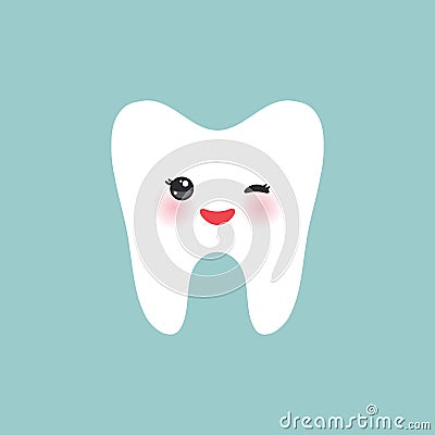 Smiling happily tooth Healthy cute cartoon tooth character, winking tooth with pink cheeks, blue background. Vector Vector Illustration