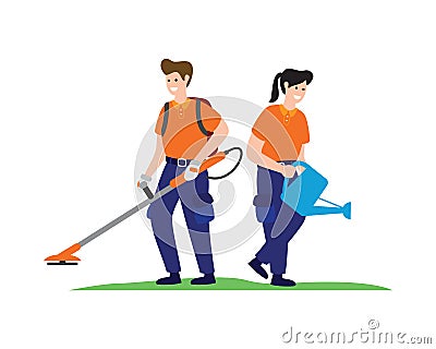 Smiling and Happy Home Cleaners or Housekeepers Vacuuming Floor and Watering Plants Vector Illustration