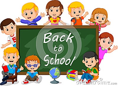 Smiling happy schoolchildren with green banner Blackboard Vector Illustration