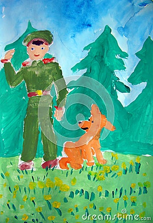 Military man and his dog - gouache painting made by child Stock Photo