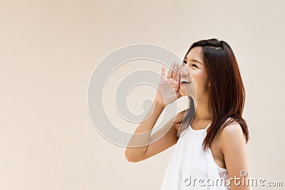 Smiling happy woman, speak, shout, announce, communicate Stock Photo