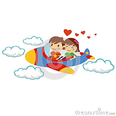 Smiling happy young couple traveling with airplane for valentine day Stock Photo