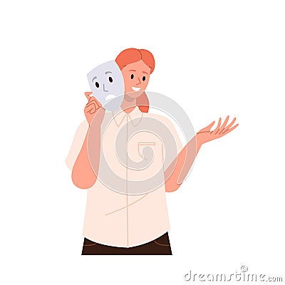 Smiling happy woman character hiding real emotions under face mask of sadness and disappointment Vector Illustration