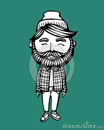 smiling Hipster with beard. Hand-Drawn Doodle. Vector Illustration - stock vector. Hand drawn cartoon character. Bearded Vector Illustration