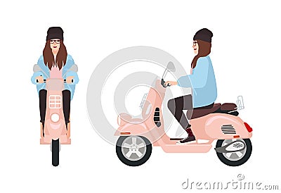 Smiling hipster girl dressed in trendy casual clothes riding pink scooter. Stylish young woman sitting on modern motor Vector Illustration