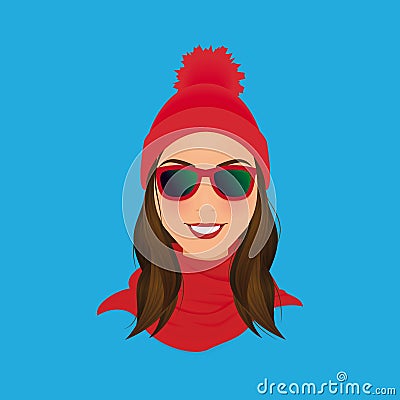 Smiling hipster woman face in sunglasses, red pom pom hat and scarf. Vector illustration. Vector Illustration