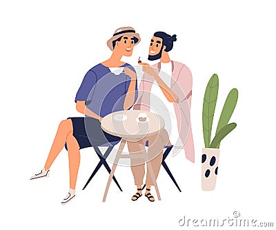 Smiling homosexual couple sit at table in cafe enjoy romantic meeting vector flat illustration. Male pair talk, drink Vector Illustration