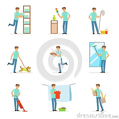 Smiling househusbands washing, cooking, cleaning and shopping. Set of colorful cartoon detailed vector Illustrations Vector Illustration