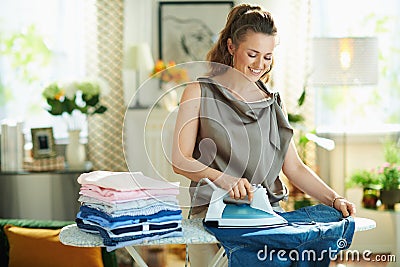 Smiling housewife with ironed clothes ironing on ironing board Stock Photo