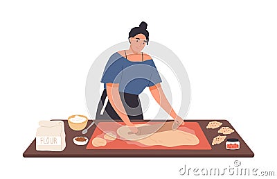 Smiling housewife preparing dough use rolling pin on kitchen table vector flat illustration. Happy female cooking Vector Illustration