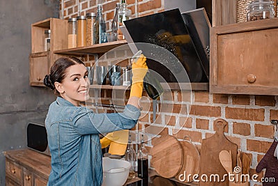 Smiling housewife in rubber gloves cleaning tv set at home Stock Photo