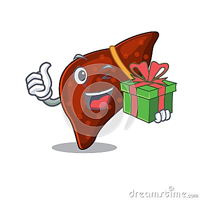 Smiling human cirrhosis liver cartoon character having a green gift box Vector Illustration