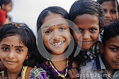 Smiling indian children on Varkala during puja ceremony Editorial Stock Photo