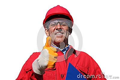 Smiling Industrial Worker Over White Background Stock Photo