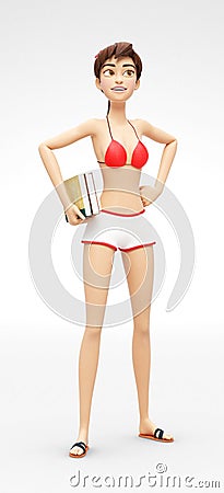 Smiling, Intelligent and Engaged Jenny - 3D Cartoon Female Character Model - Nerd Student with Books Stock Photo