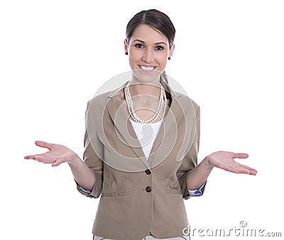 Smiling isolated business woman gesturing with her hands. Stock Photo