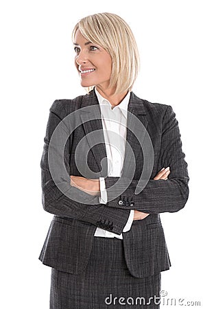 Smiling isolated business woman looking sideways to text. Stock Photo