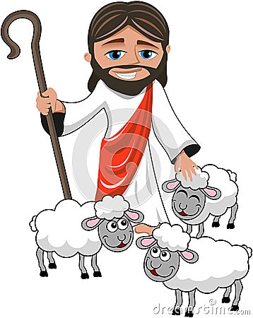 Smiling Jesus Christ Stick Sheeps Isolated Vector Illustration