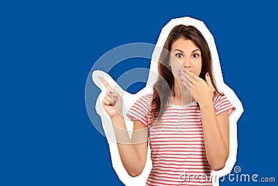 Smiling joyful woman with copy space for advertisment or promotional text. Positive emotions, feelings, joy, happiness. emotional Stock Photo