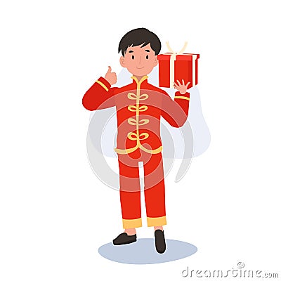 Smiling Kid in Oriental Costume Giving Thumbs Up and holding Gift box Vector Illustration